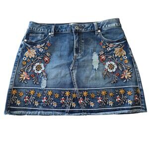 Altar’d State Embroidered Denim Mini Skirt Floral Boho Western Raw Hem Size M